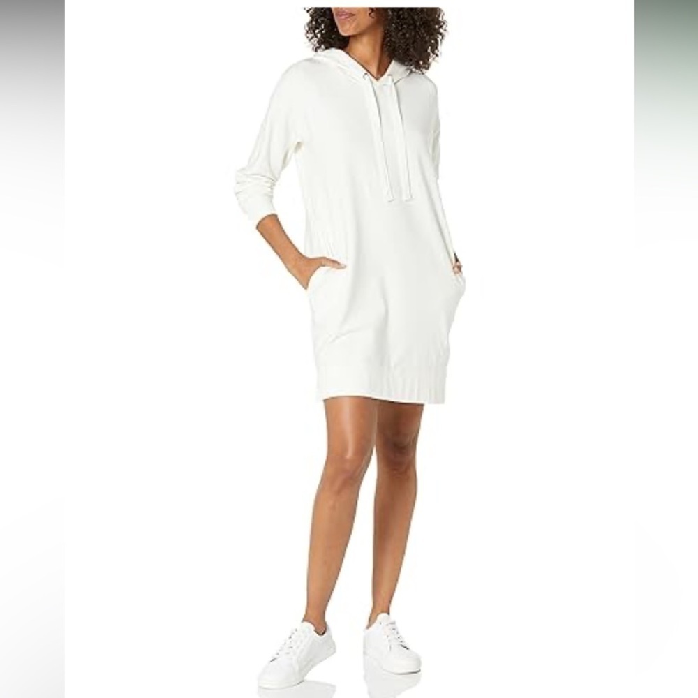 The Drop Women's Iona Long-Sleeve Hooded Mini Sweatshirt Dress, Ivory, XS